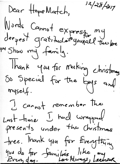Handwritten thank-you note 3 from a family HOPEmatch served